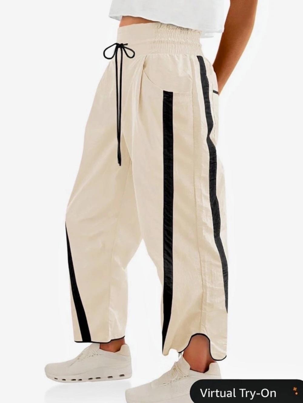 Fiseow Inspired Side Printed Pull-On Pants in Cream & Black